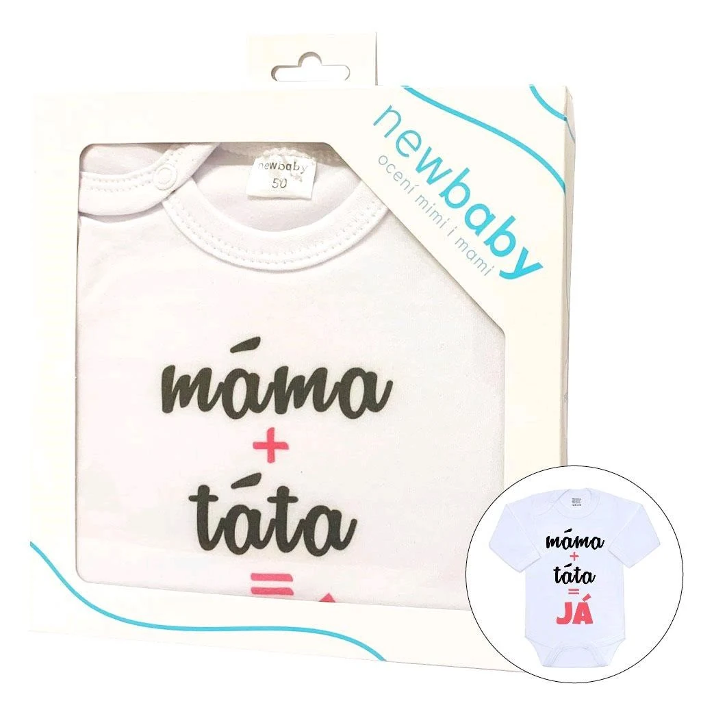 Body s potiskem New Baby máma plus táta rovná se JÁ - dárkové balení, vel. 80 (9-12m)