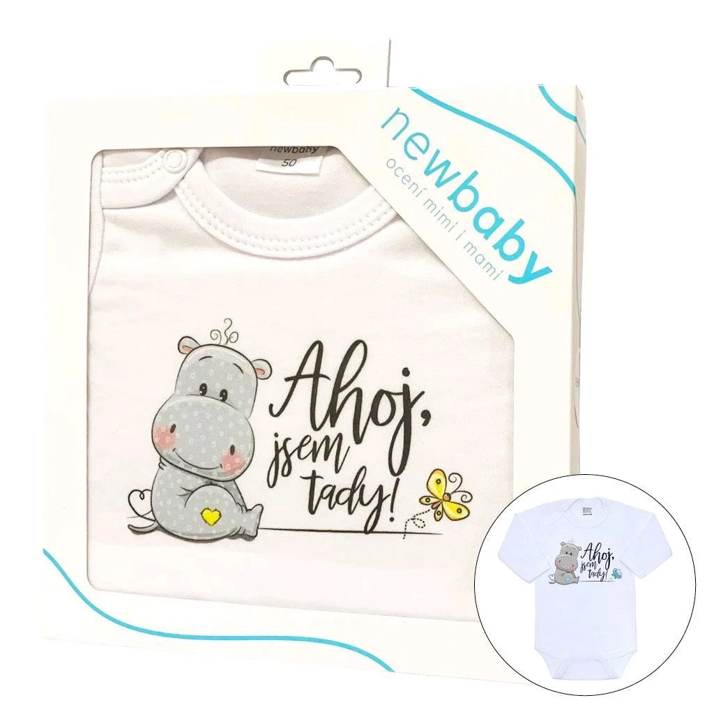 Body s potiskem New Baby Ahoj, jsem tady! - dárkové balení, vel. 86 (12-18m)