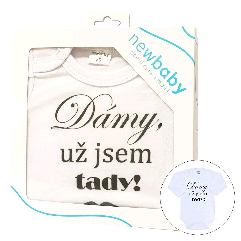 Body s potiskem New Baby Dámy, už jsem tady! - dárkové balení, vel. 86 (12-18m)