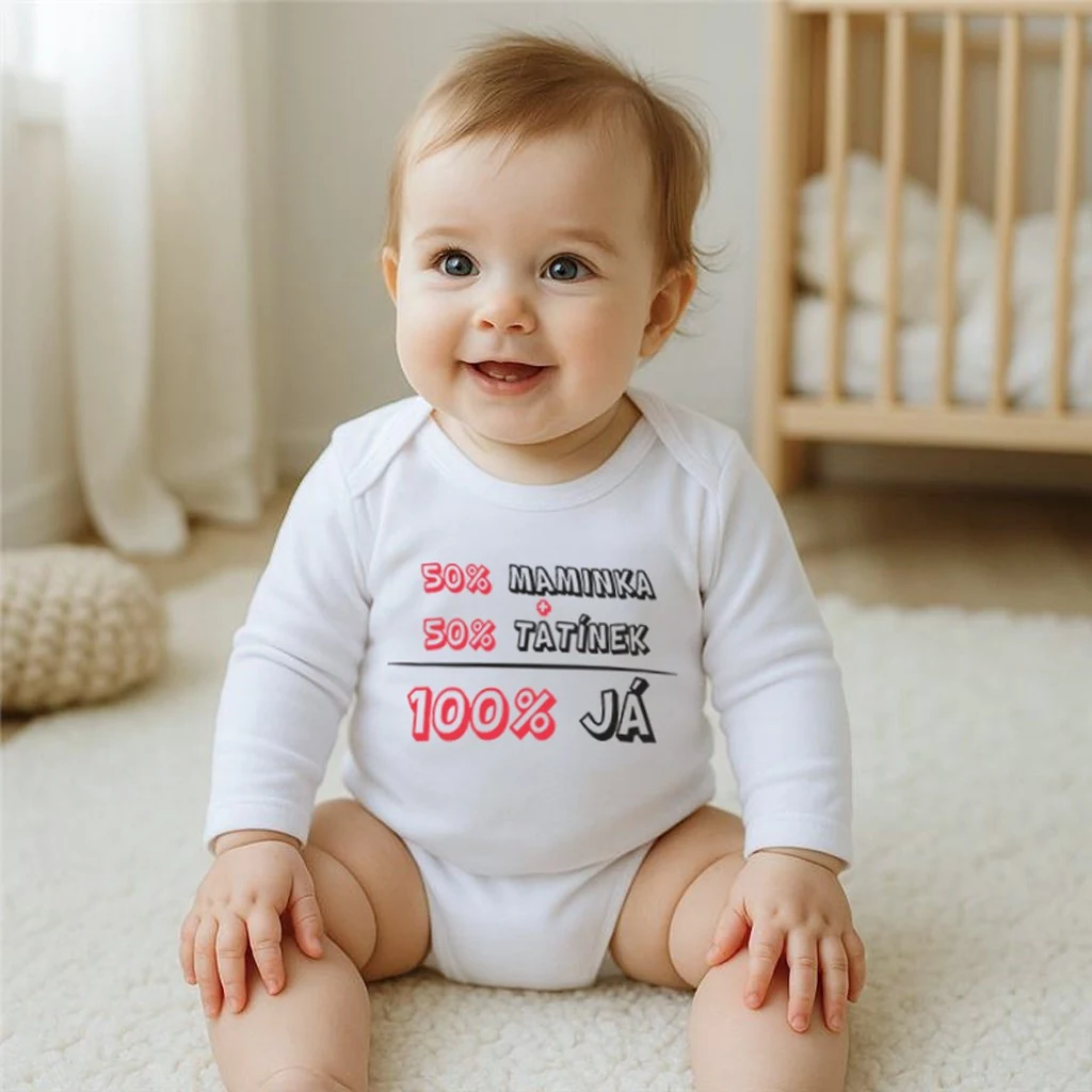 Body s potiskem New Baby 50% MAMINKA + 50% TATÍNEK - 100% JÁ růžové - dárkové balení, vel. 50