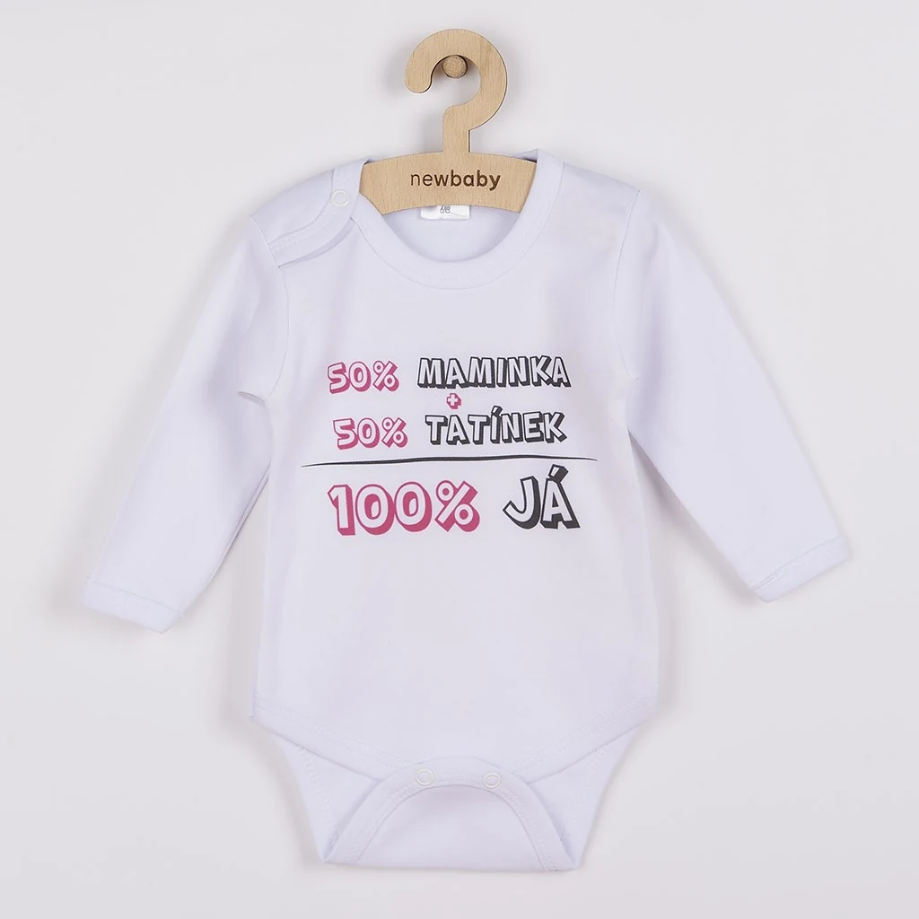 Body s potiskem New Baby 50% MAMINKA + 50% TATÍNEK - 100% JÁ růžové - dárkové balení, vel. 50