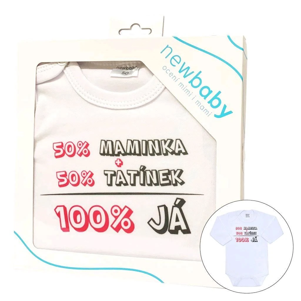 Body s potiskem New Baby 50% MAMINKA + 50% TATÍNEK - 100% JÁ růžové - dárkové balení, vel. 86 (12-18m)