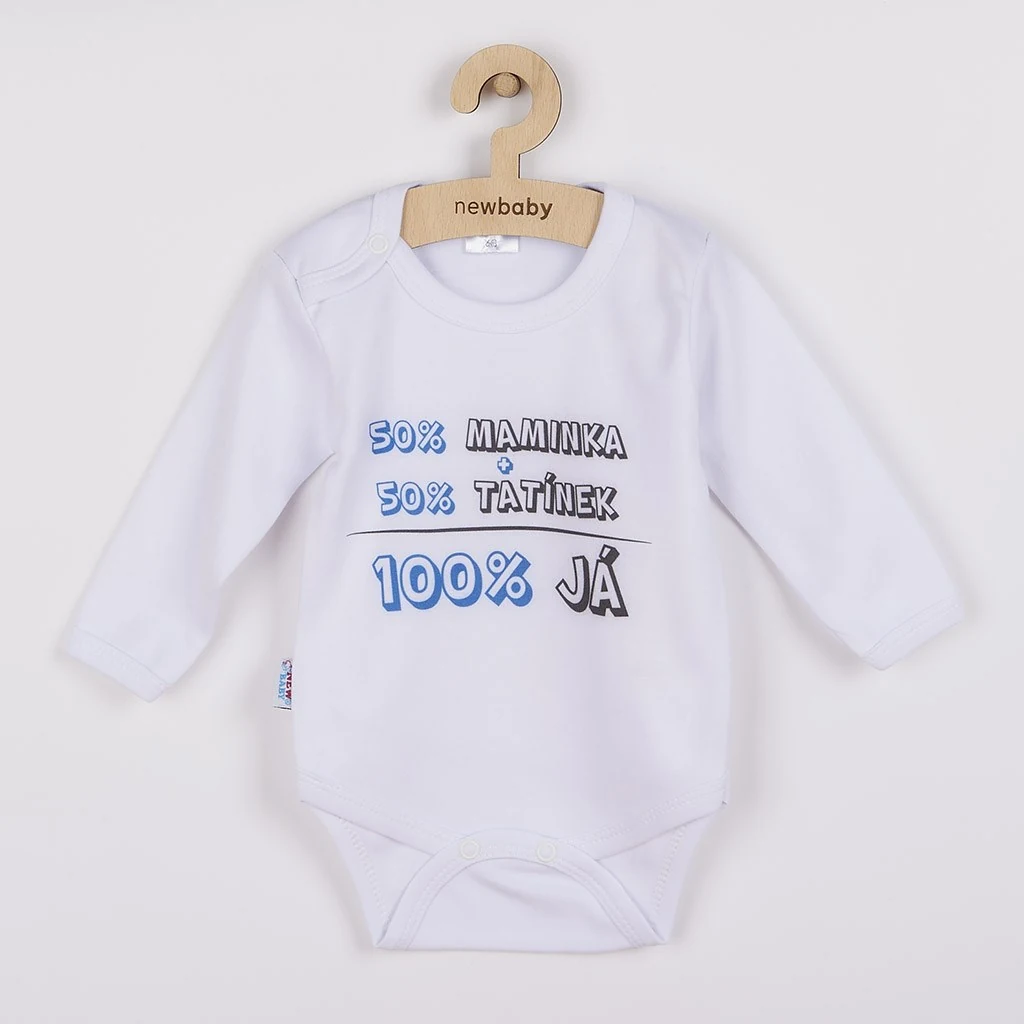 Body s potiskem New Baby 50% MAMINKA + 50% TATÍNEK - 100% JÁ modré - dárkové balení, vel. 80 (9-12m)
