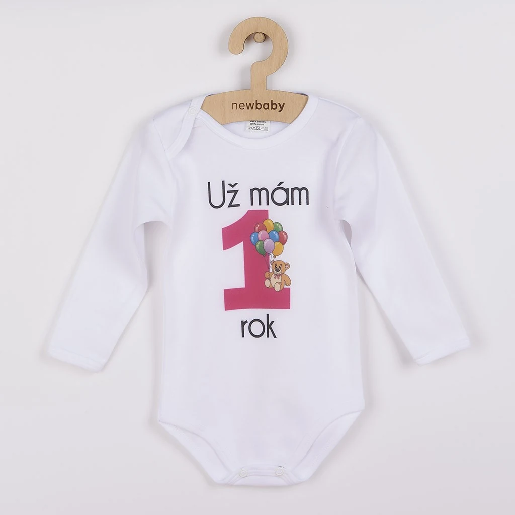 Body s potiskem New Baby Už mám 1 rok růžové - dárkové balení, vel. 80 (9-12m)