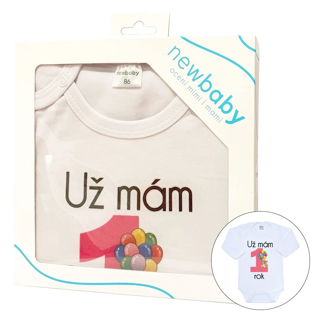 Body s potiskem New Baby Už mám 1 rok růžové - dárkové balení, vel. 80 (9-12m)