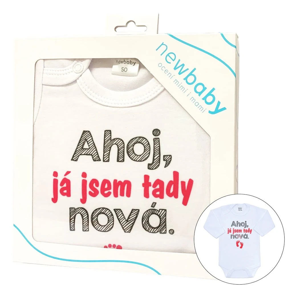Body s potiskem New Baby Ahoj, já jsem tady nová - dárkové balení, vel. 50