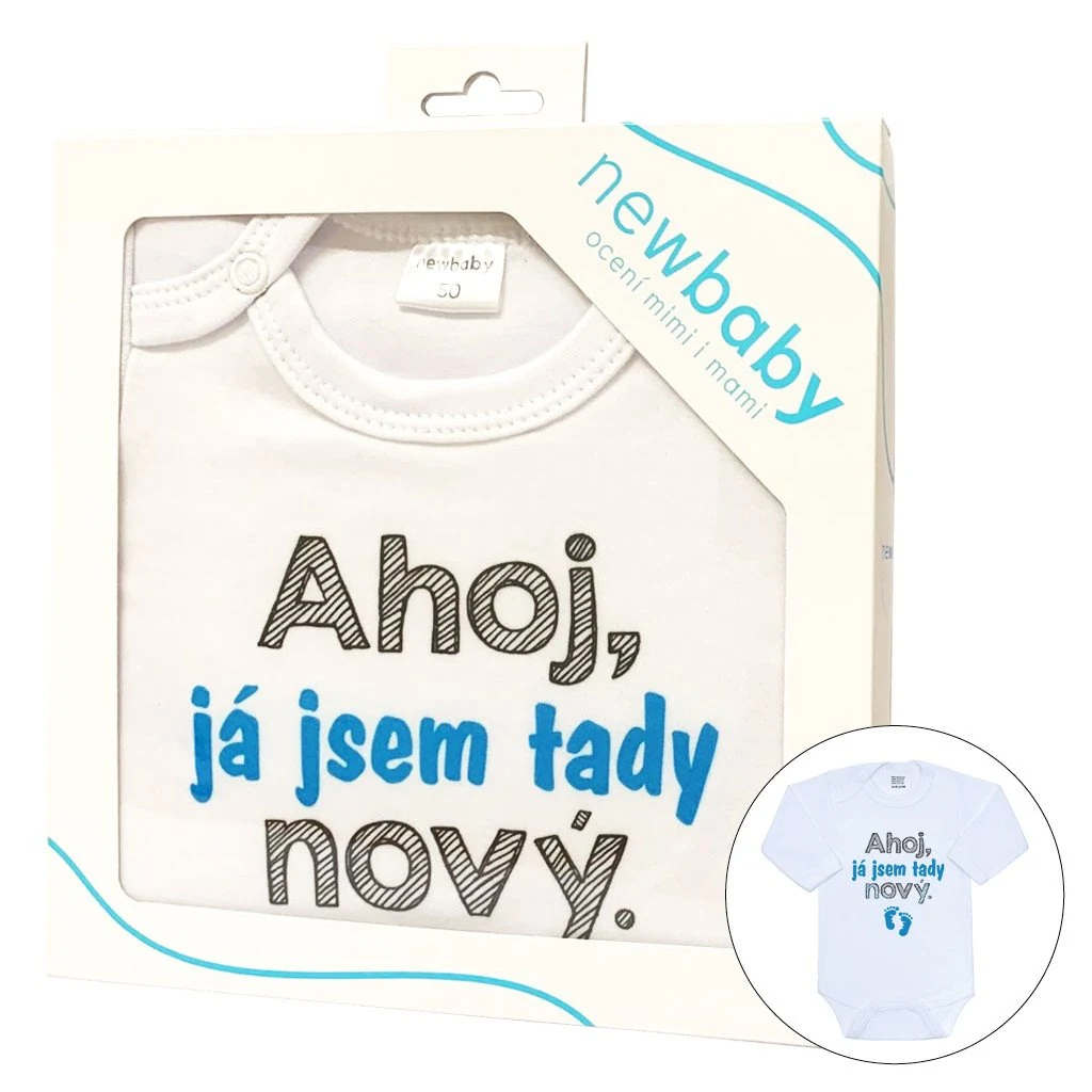 Body s potiskem New Baby Ahoj, já jsem tady nový - dárkové balení, vel. 50
