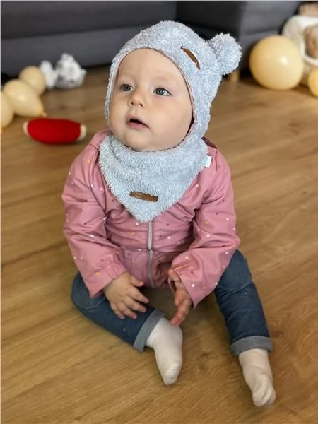 Zimní kojenecká čepička s šátkem na krk New Baby Teddy bear šedo růžová, vel. 74 (6-9m)