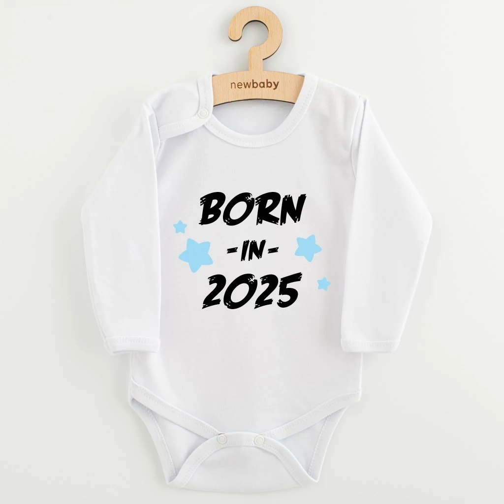 Dětské body s potiskem New Baby BORN IN 2025 blue, vel. 74 (6-9m)
