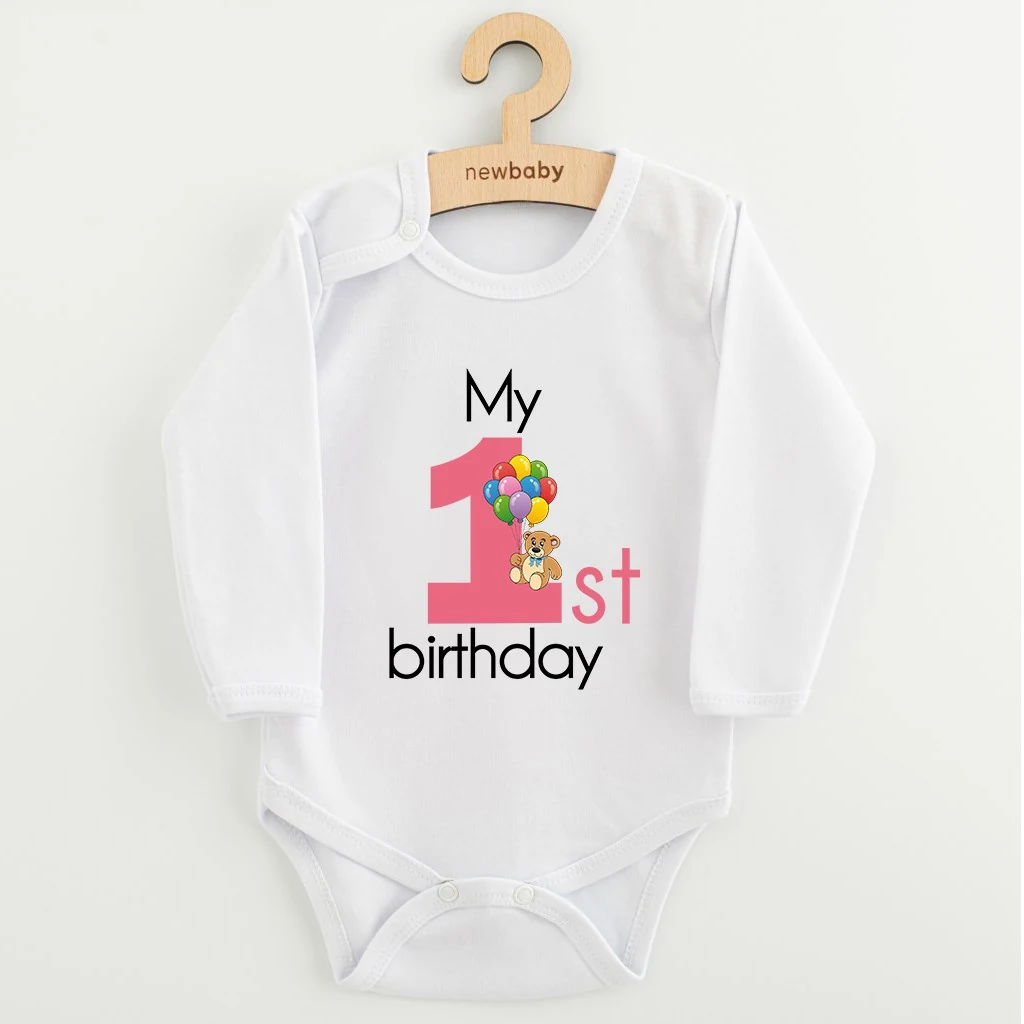 Dětské body s potiskem New Baby My first birthday pink, vel. 80 (9-12m)