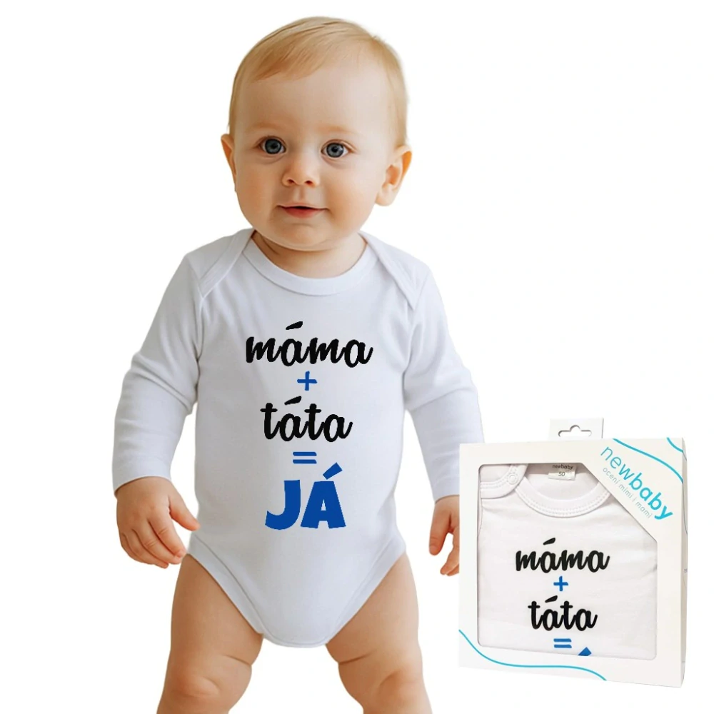 Body s potiskem New Baby máma plus táta rovná se JÁ - dárkové balení velikost 80 (9-12m)