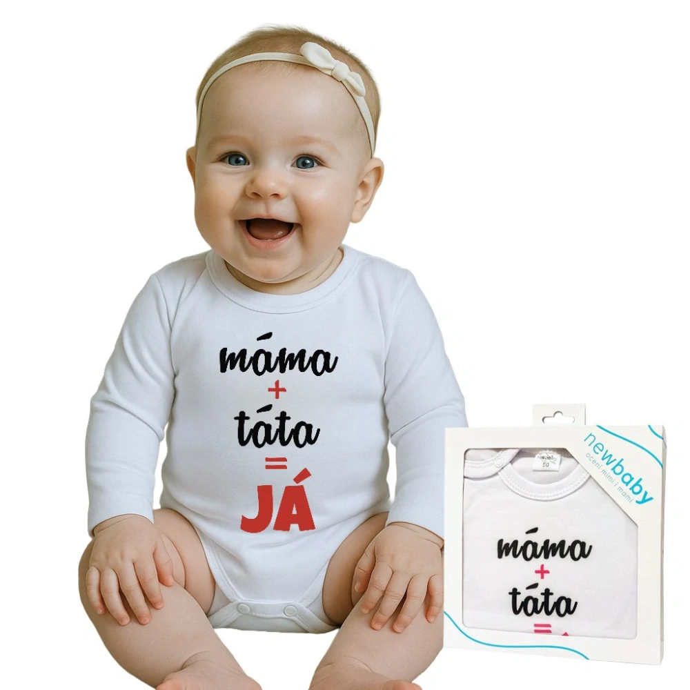 Body s potiskem New Baby máma plus táta rovná se JÁ - dárkové balení, vel. 50