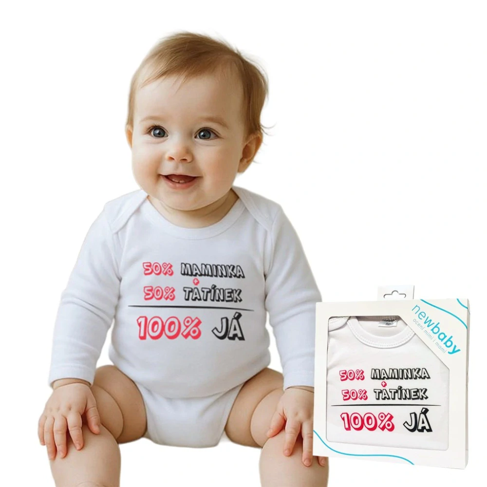 Body s potiskem New Baby 50% MAMINKA + 50% TATÍNEK - 100% JÁ růžové - dárkové balení velikost 86 (12-18m)