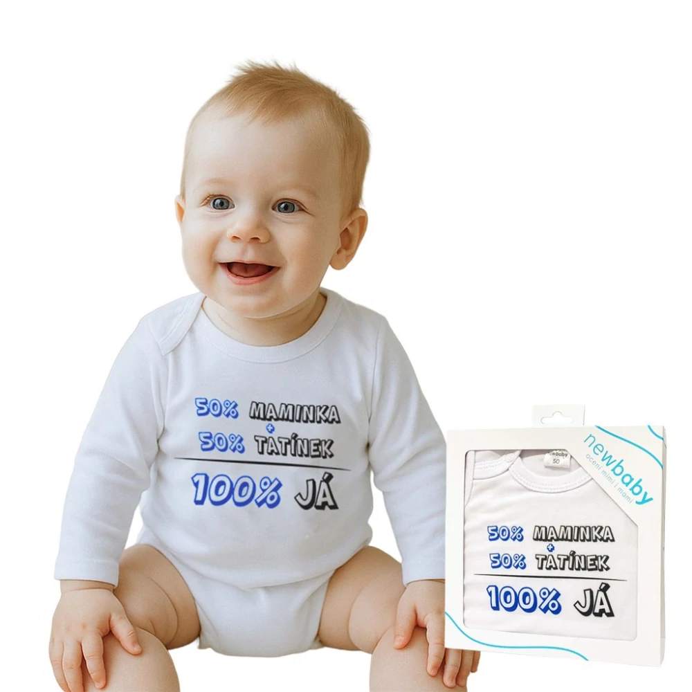 Body s potiskem New Baby 50% MAMINKA + 50% TATÍNEK - 100% JÁ modré - dárkové balení velikost 74 (6-9m)