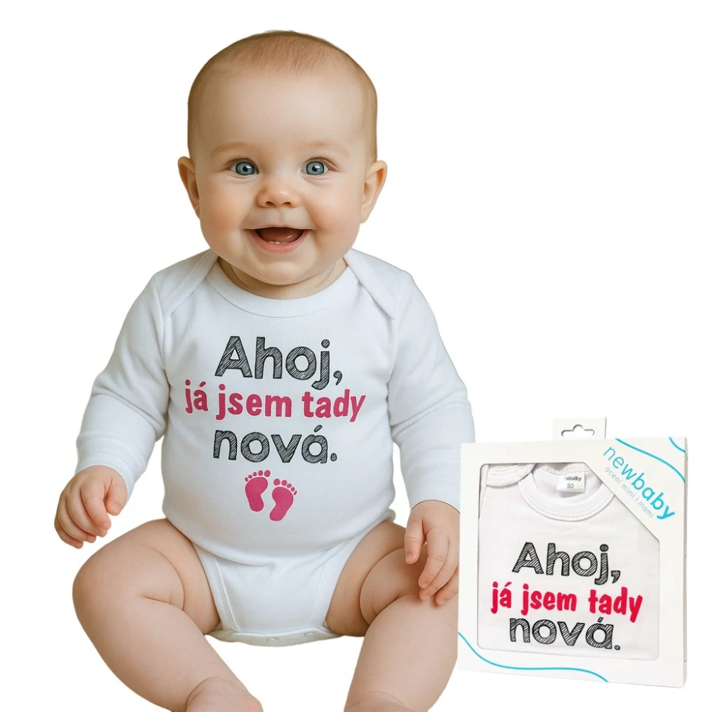 Body s potiskem New Baby Ahoj, já jsem tady nová - dárkové balení velikost 56 (0-3m)