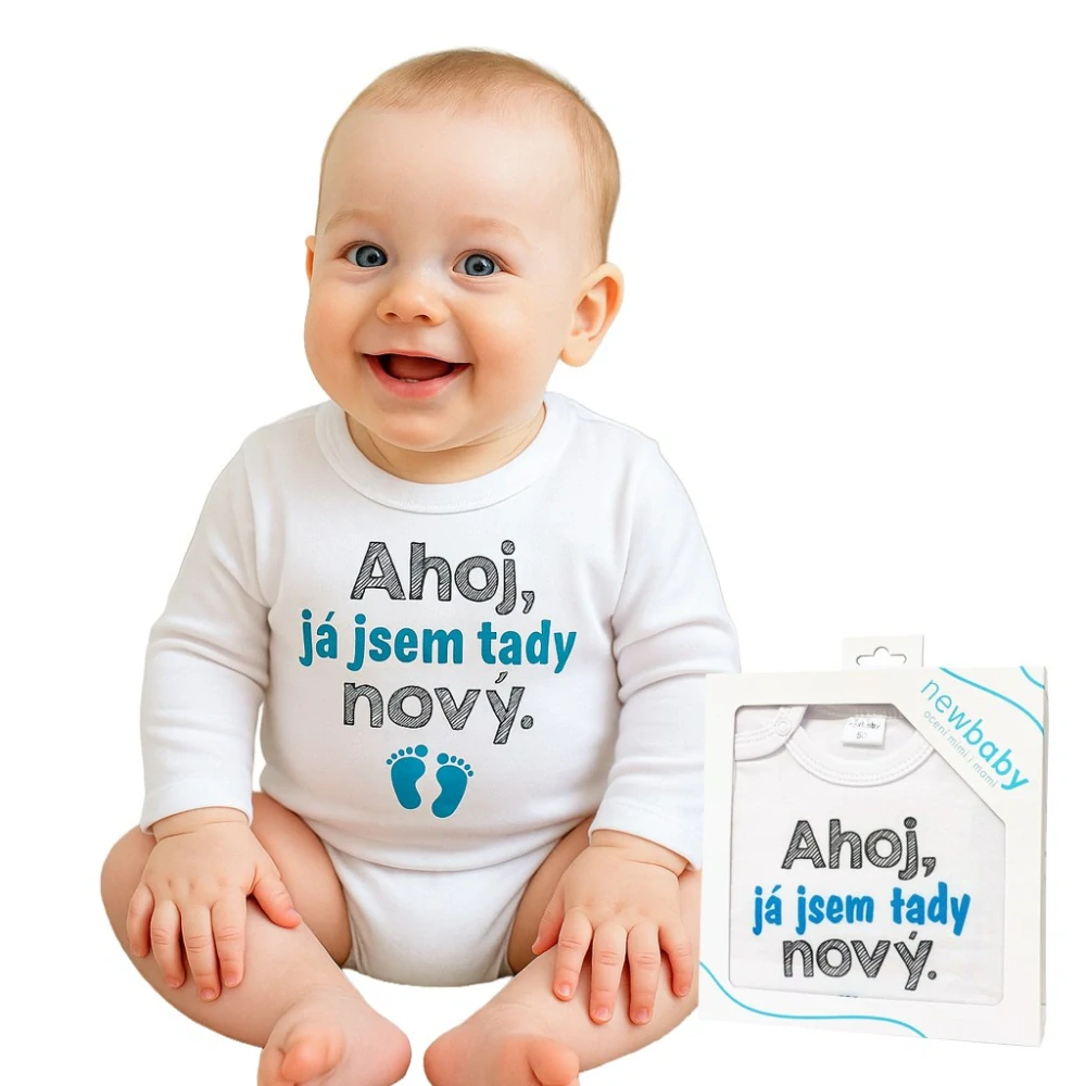 Body s potiskem New Baby Ahoj, já jsem tady nový - dárkové balení velikost 56 (0-3m)