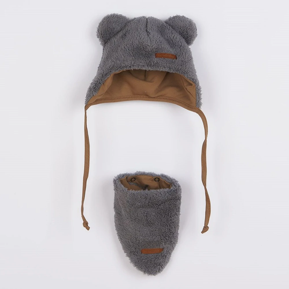 Zimní kojenecká čepička s šátkem na krk New Baby Teddy bear šedá, vel. 80 (9-12m)