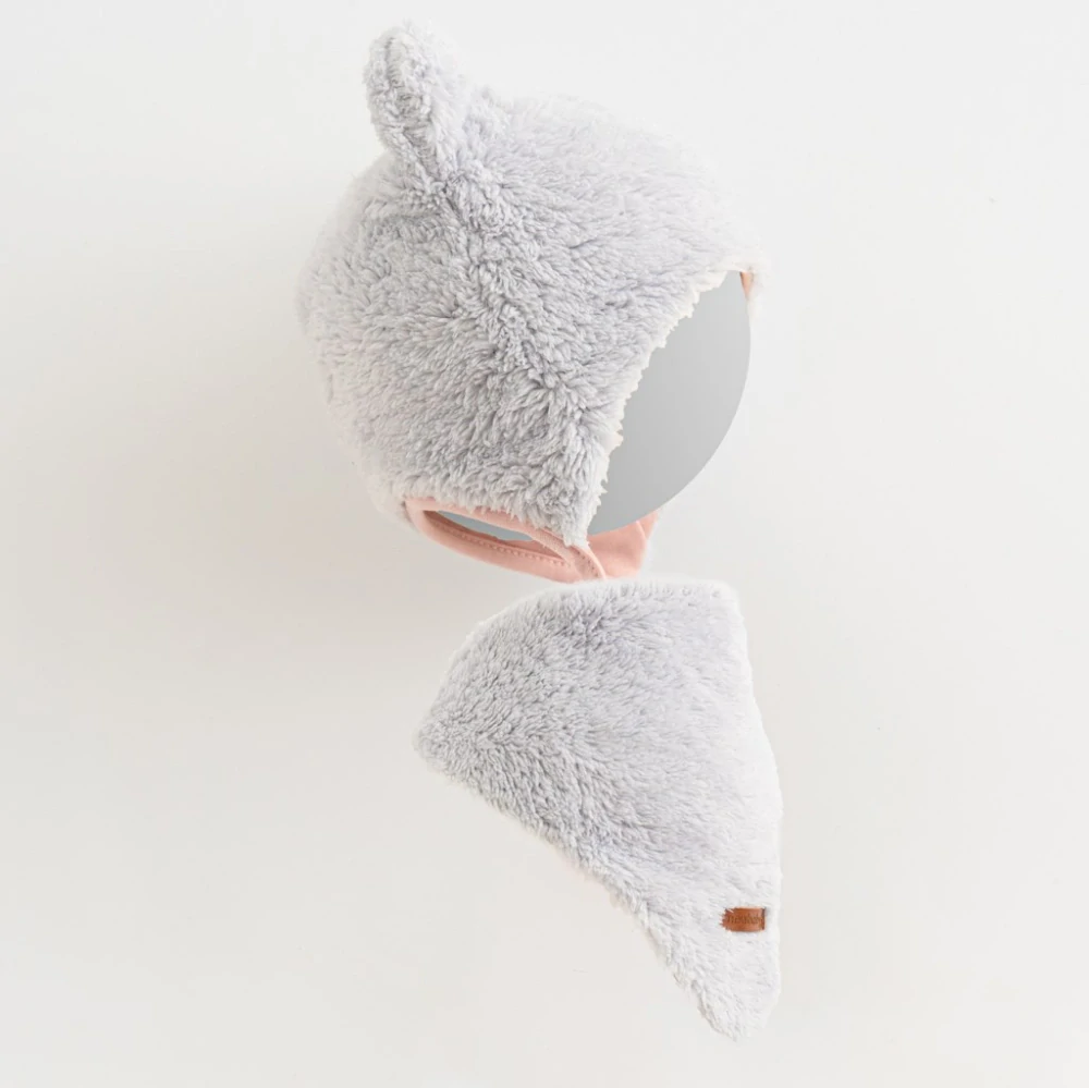 Zimní kojenecká čepička s šátkem na krk New Baby Teddy bear šedo růžová, vel. 86 (12-18m)