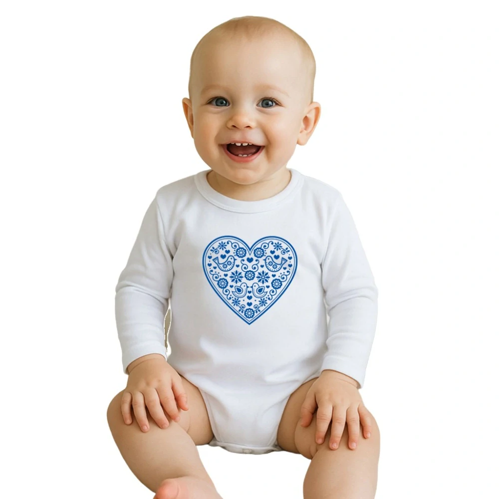 Dětské body s potiskem New Baby Lidový vzor modré srdíčko velikost 74 (6-9m)