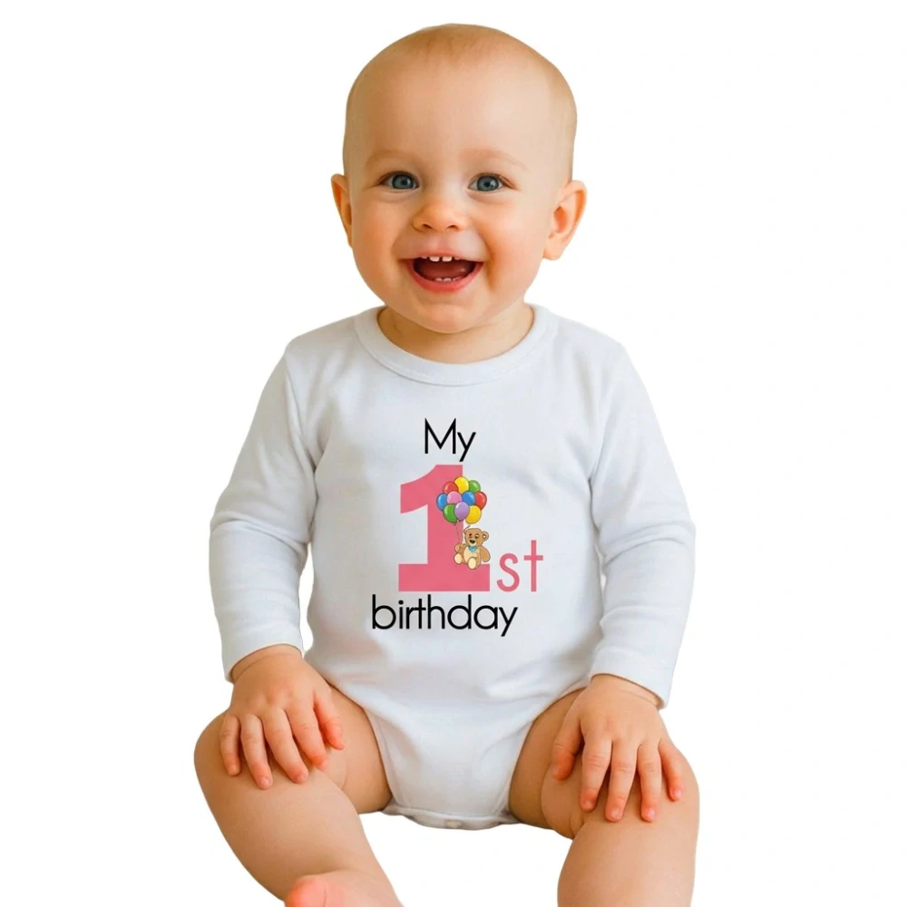 Dětské body s potiskem New Baby My first birthday pink, vel. 86 (12-18m)