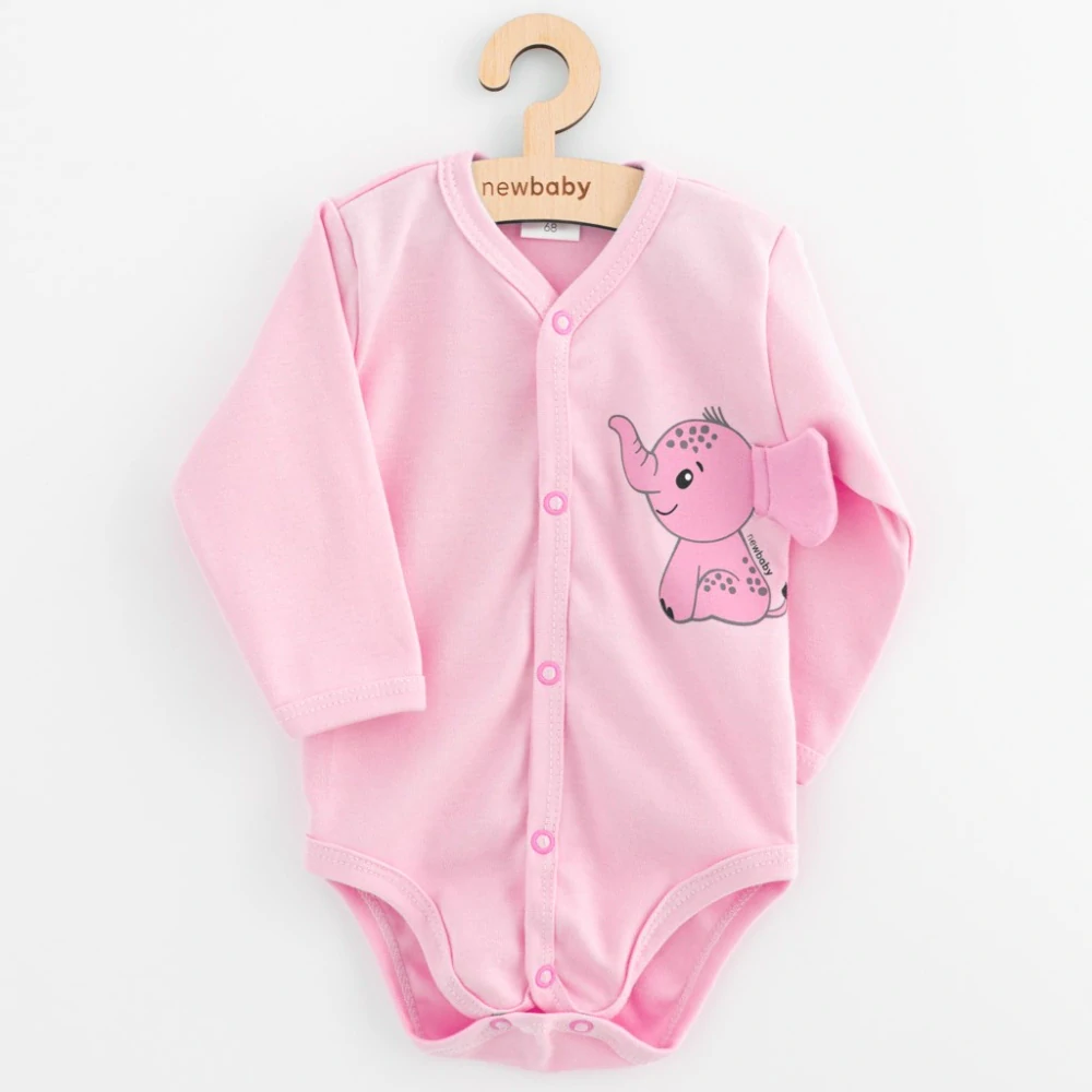 Kojenecké celorozepínací body s dlouhým rukávem New Baby Happy Elephant pink, vel. 56 (0-3m)