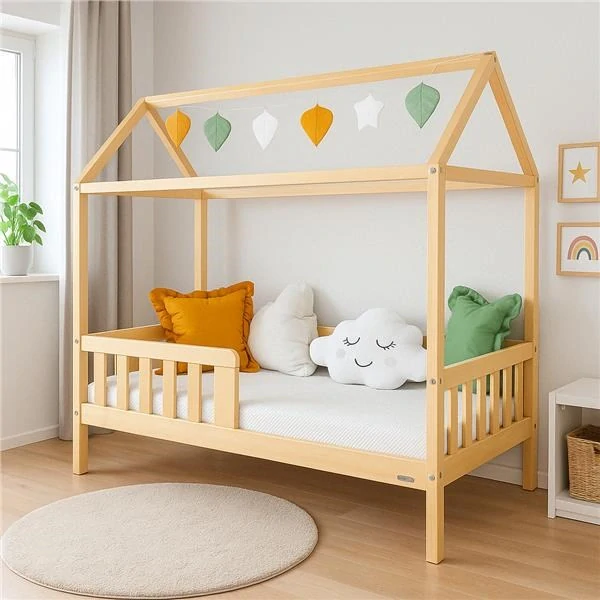 New Baby Castello dětská postel domeček 160x80 cm se zábradlím a roštem přírodní