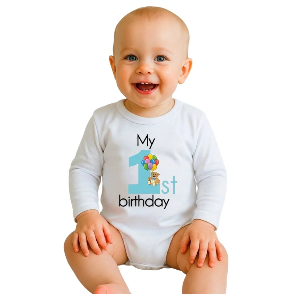 Dětské body s potiskem New Baby My first birthday blue, vel. 80 (9-12m)