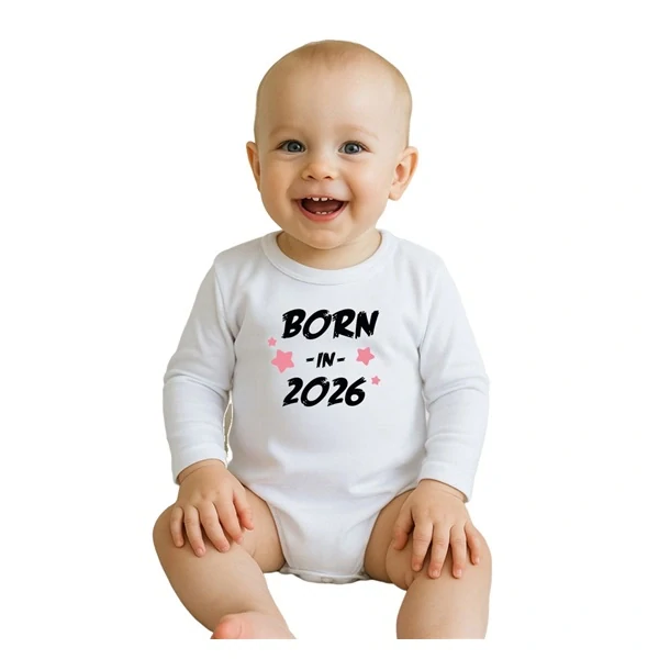 Dětské body s potiskem New Baby BORN IN 2026 pink, vel. 62 (3-6m)