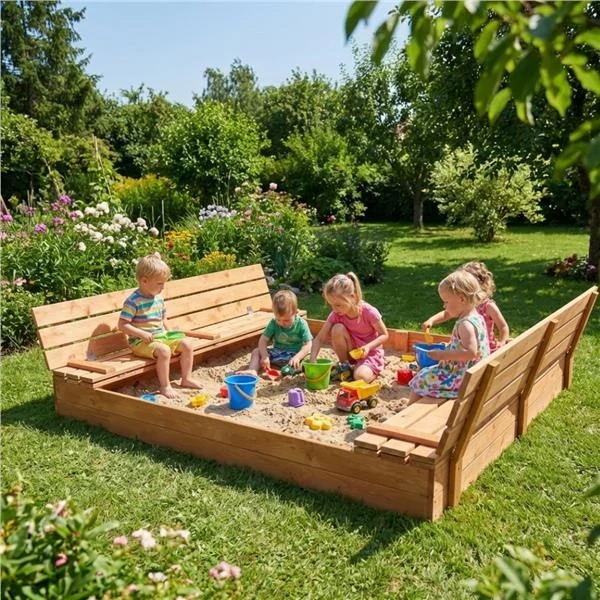 Dětské dřevěné pískoviště s poklopem a lavičkami Baby Mix 180x180 cm