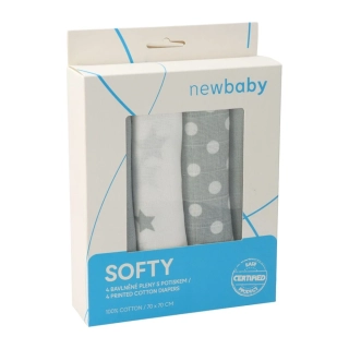 Látkové bavlněné pleny New Baby Softy s potiskem 70 x 70 cm 4 ks šedo-bílé