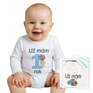 Body s potiskem New Baby Už mám 1 rok modré - dárkové balení velikost 80 (9-12m)