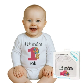 Body s potiskem New Baby Už mám 1 rok růžové - dárkové balení velikost 80 (9-12m)